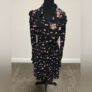 Jill Stuart Black Floral Long Sleeve Ruffled Button up Belted Mini Dress Large